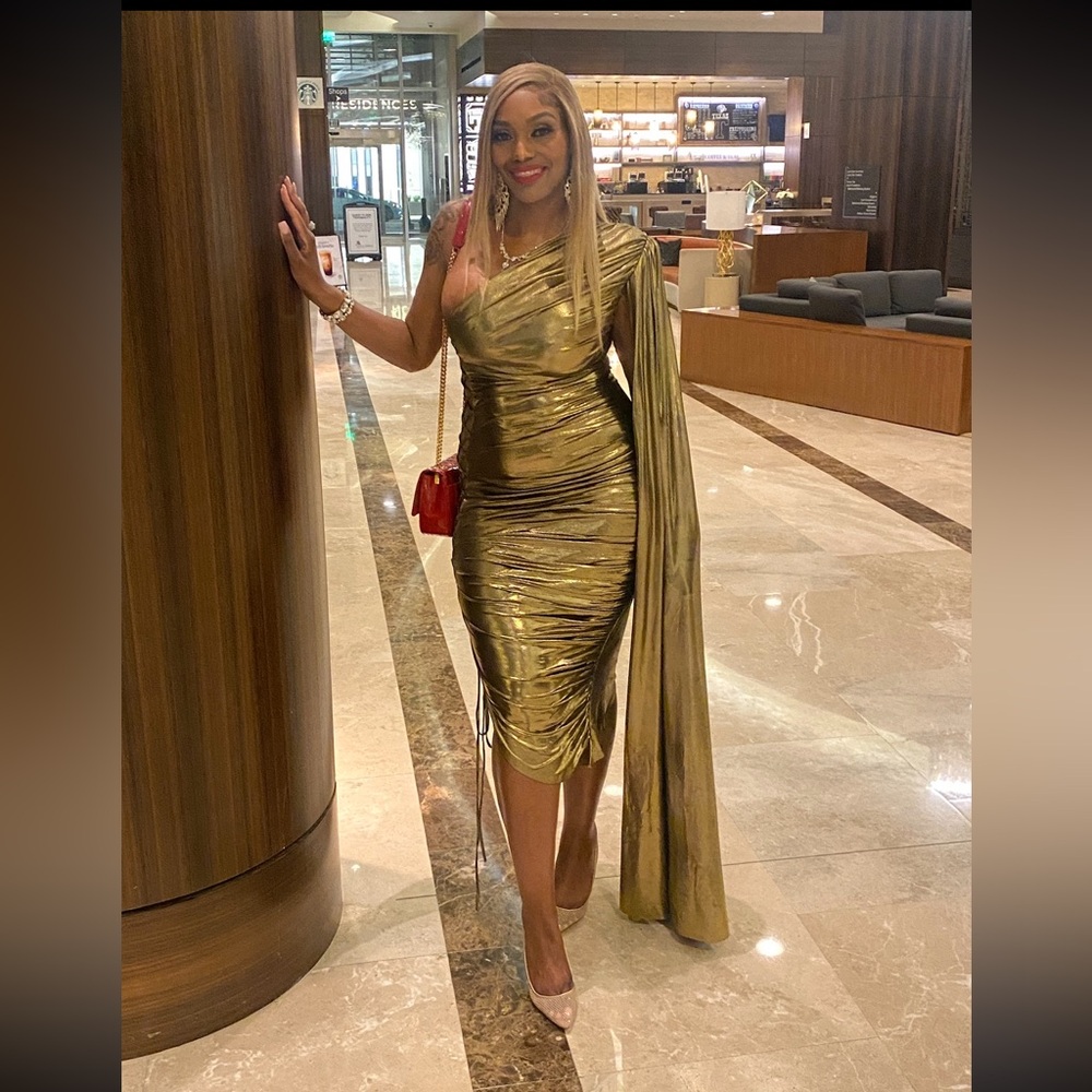 Gold Draped One-Shoulder Evening Dress